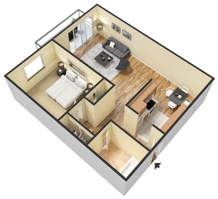 Floor plan for 1 bed, 1 bath, 700 sqft